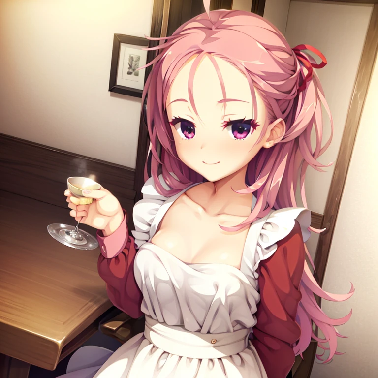 seductive, ((forehead to show)), attractive, sexy eyes, red coat, pink hair, delicate, young, long hair, detailed face, high definition, full body, maid, cute smile, cafe, hands behind back