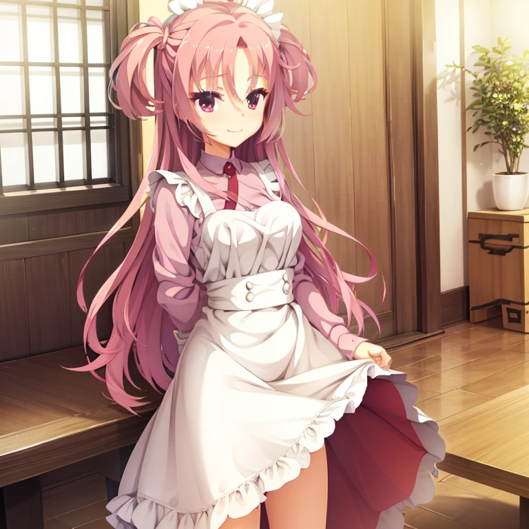 seductive, ((forehead to show)), attractive, sexy eyes, red coat, pink hair, delicate, young, long hair, detailed face, high definition, full body, maid, cute smile, cafe, hands behind back