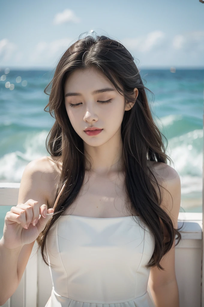 (((best quality))),(((ultra detailed))),(((masterpiece))),illustration,1girl, young, summer, seaside, girl, sun-kissed skin, white sand, flowing hair, radiant face, light sundress, vibrant hues, clear blue sky, ocean, shore, rhythmic soundscape, azure waves, white foam, seagulls, soaring, cries, symphony, carefree abandon, body language, confidence, joy, hands outstretched, closed eyes, sheer bliss, sun, warm glow, careful brushstrokes, life-like, interplay of light and shadow, gentle ripples, fine texture, facial expression, serene, emotion, connection, beauty, celebration, youth, pure joy, , longing, nostalgia, carefree days, sound of waves, warmth of sun, skin, lyrics, song, immersion, beauty of summer's day, sea