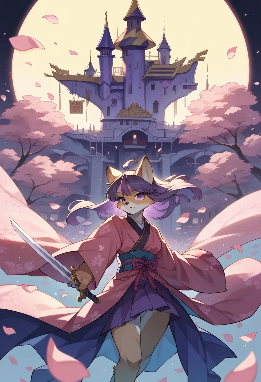 novel illustration, cover page, highres, top quality, best quality, paid reward available, unparalleled masterpiece, perfect artwork, absurdres, High-quality illustrations, super high resolution, detailed background, perfect anatomy(1girl, kemono, furry anthro)intense facial expressions, vibrant kimono, dramatic duel, Japanese historical drama, climactic scene, twilight in castle town, sword flash, cherry blossom petals in the air, dramatic lighting, golden hour,