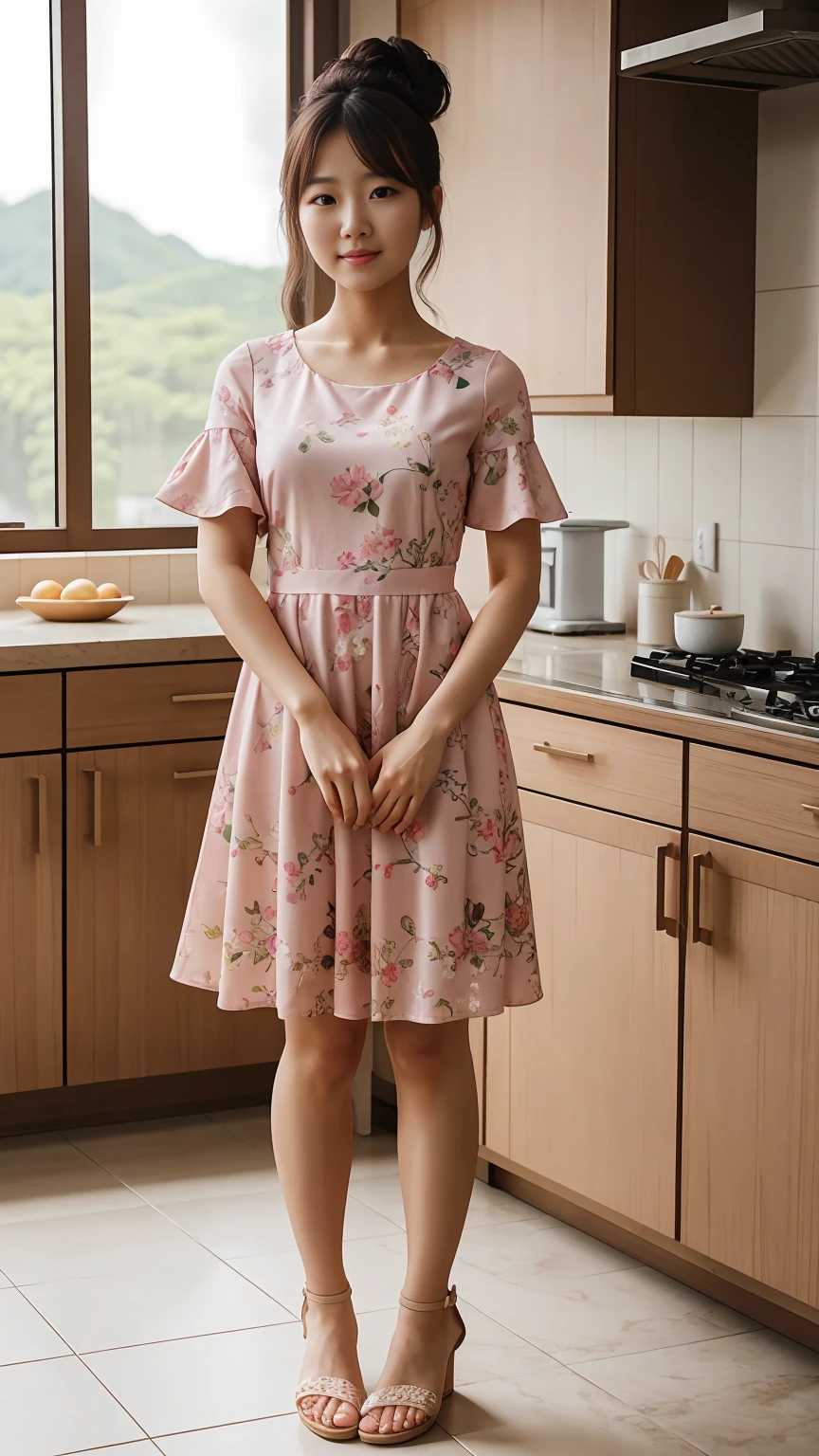 Full body shot, a young Korean woman in a pink floral dress, sandals,standing in kitchen, messy hair bun, face straight to viewer, shy pose, serene expression, cute face, detailed face, detailed clothing, detailed background, natural lighting, warm colors, beautiful scenery, intricate details, highly detailed, photorealistic, 8k, ((masterpiece)), cinematic style, portrait