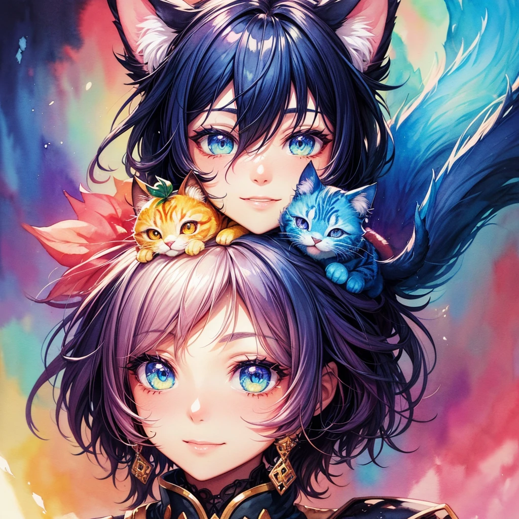wtrcolor style, Digital art (Cat character), Official art, Before, He smiles, Tafah, Beautiful, ((Watercolor)), Face coloring, Ink splash, Complex details. Highly detailed eyes, [drip:0.5], Trend in ArtStation, Rachel Walker