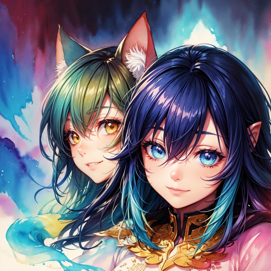 wtrcolor style, Digital art (Cat character), Official art, Before, He smiles, Tafah, Beautiful, ((Watercolor)), Face coloring, Ink splash, Complex details. Highly detailed eyes, [drip:0.5], Trend in ArtStation, Rachel Walker