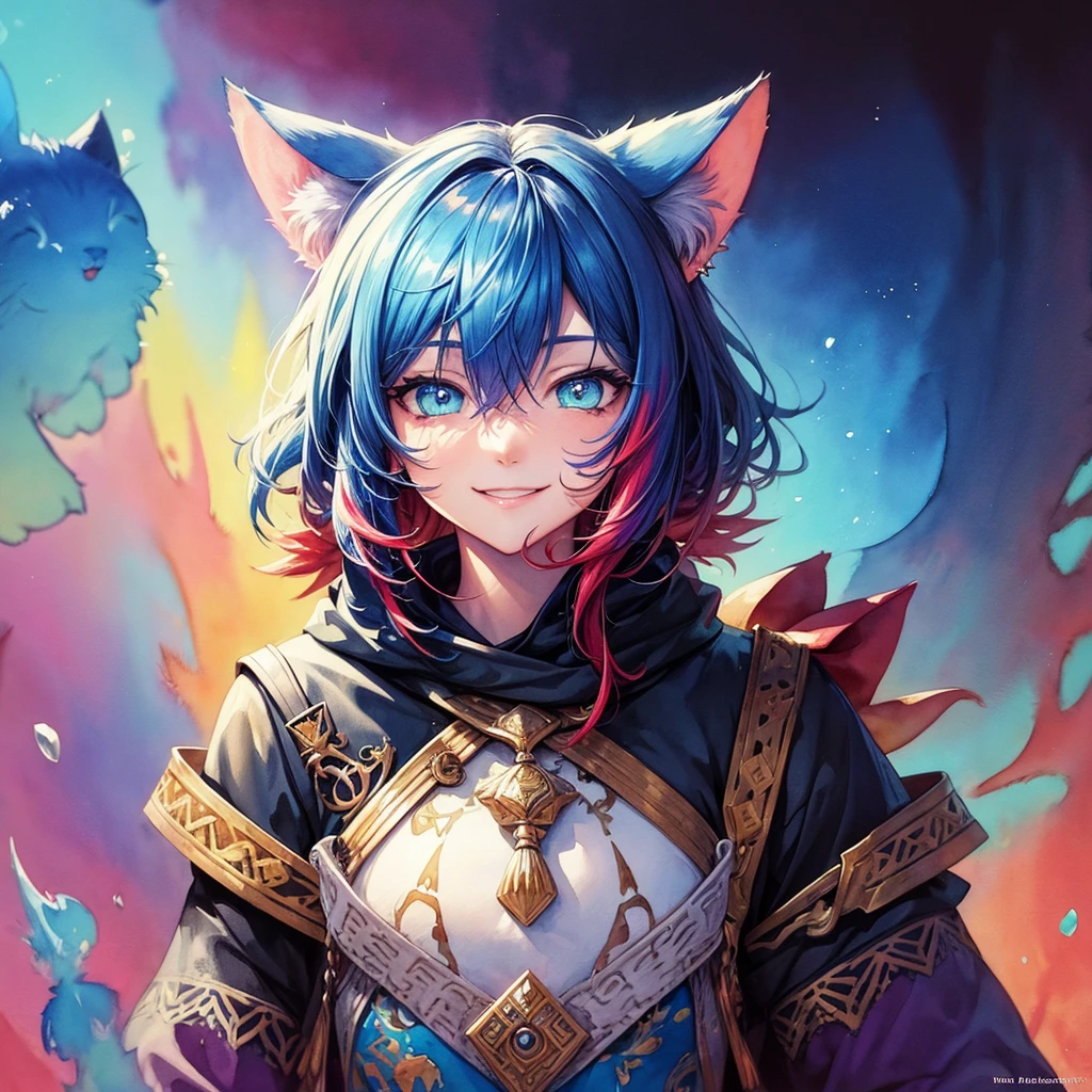 wtrcolor style, Digital art (Cat character), Official art, Before, He smiles, Tafah, Beautiful, ((Watercolor)), Face coloring, Ink splash, Complex details. Highly detailed eyes, [drip:0.5], Trend in ArtStation, Rachel Walker