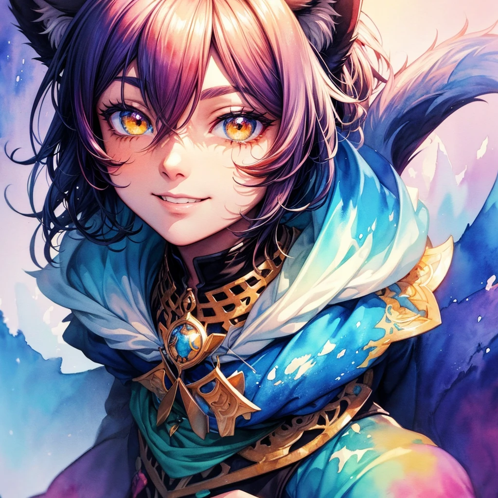wtrcolor style, Digital art (Cat character), Official art, Before, He smiles, Tafah, Beautiful, ((Watercolor)), Face coloring, Ink splash, Complex details. Highly detailed eyes, [drip:0.5], Trend in ArtStation, Rachel Walker