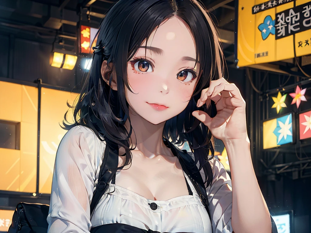 ((Best of the highest quality, 8k, Masterpiece, raw photo: 1.1)), (Sharp focus: 1.1), (1 AESPA, slim body type female, 22 y/o: 1.1), solo, Portrait Waist Up, (realistic, photo-realistic:1.37), face focus, cute face, finely eyes, (short bob hair, updo, forehead: 1.24), (sharp chin, droopy eyes: 1.32), (Emphasize prominent aegyo-sal with bright: 1.28), shimmering eyeshadow applied under the lower lash line, paired with thick, (small breasts, flat chest: 1.2), alternative outfit, walking on stage, microphone, flower,