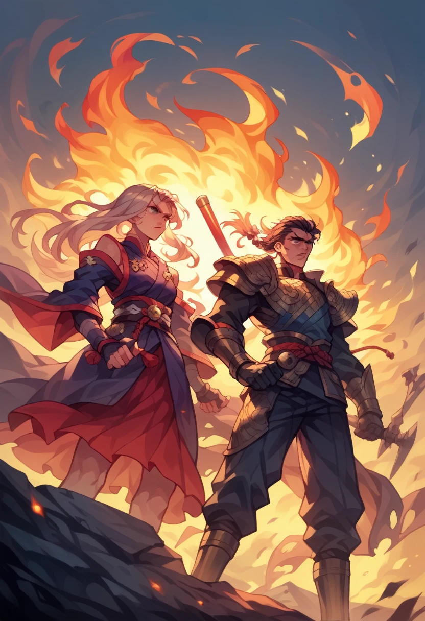 dramatic duel between 2girls, set in a battlefield during the Warring States period of Japan, illuminated by the setting sun, with a sense of intensity and determination emanating from the characters, fierce expression, flash of steel, calm and focused expression, war-torn landscape, with burning buildings and fallen warriors in the distance, tense and dramatic, with a sense of fate hanging in the balance,