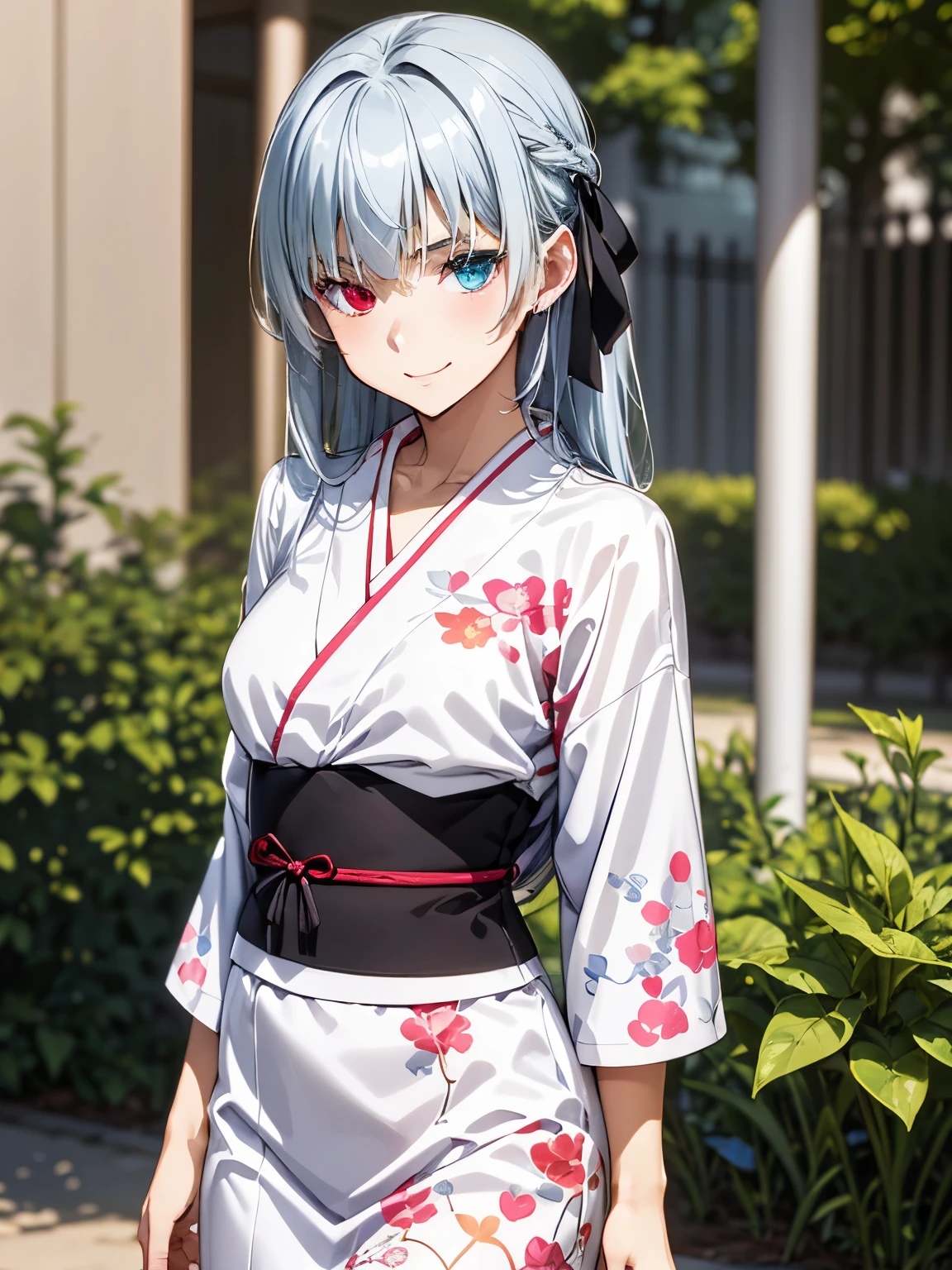 (Highest quality, masterpiece:1.2),smile、(Anime illustration style:1.5),luminous valentine,garden、Standing、Hair Ribbon、(((Heterochromia iridis、Red Eye:1.3、Blue Eyes:1.2)))、Silvery white hair、Waist-length hair、Closed Mouth、Pink kimono、yukata、Cowboy Shot、(Genuine、Realistic、Realistic:1.5)、High resolution、超High resolution、Ultra-fine painting、Sharp focus、Physically Based Rendering、Cowboy Shot,(Moe:1.10)