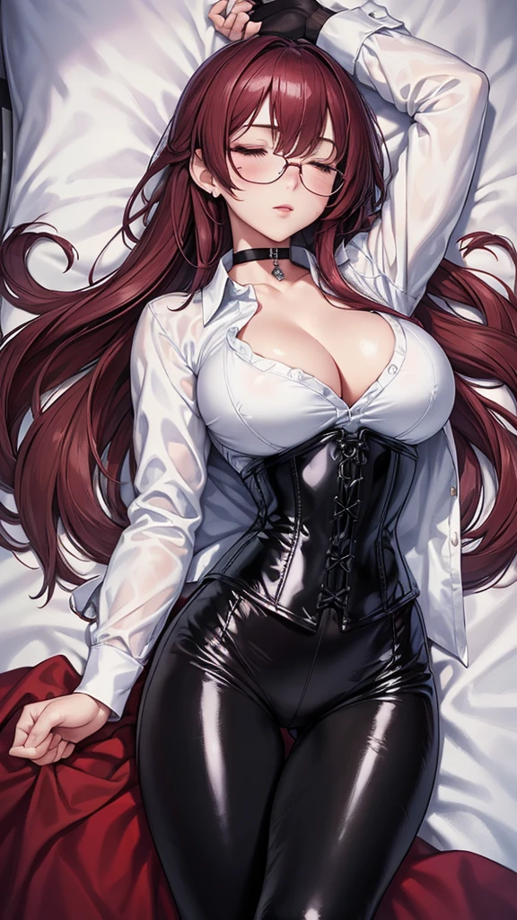 Masterpiece, Beautiful art, professional artist, 8k, art style by sciamano240, Very detailed face, Detailed clothing, detailed fabric, 1 girl , whole body, distant view, asleep, big breasts, lying on a bed, View from above, perfectly drawn body, beautiful face, long dark crimson hair, Closed eyes,  pink cheeks,  glasses, choker:1.6, (long sleeve white collar buttoned shirt), (shiny black corset), black gloves covering your hands, (shiny black leggings), Sensual Lips ,  winter night, , looking at the viewer, 