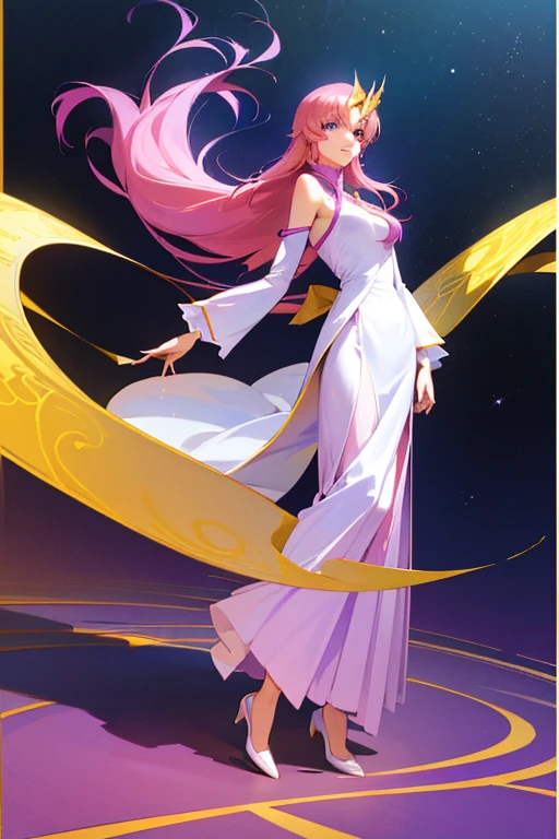 ((64k,超High resolution,超Highest quality,masterpiece,Hyperrealistic,Young and adorable, beautiful, young, adorable,〜20 year old girl,young woman,Full body photo,Full body angle,Whole Body Ezbian,Surreal,Very detailed:1.3,Ultra-realistic:3.0)),GundamSEED,Lacus Clyne,Pink Hairの毛,Blue Eyeasterpiece,Detailed eyes,Detailed skin,Detailed face,Shiny skin,Detailed Hair,White skin,Perfect lighting,Glossy Lips,8K,wallpaper,京都animeーション, animeカラーリング ,Klein Lake,GundamSEED ウイングGundam,Pink Hair, Straight hair,blue eyes , (((hair ornaments, White sleeves,豪華なWhite Dress, 豪華なPurple Skirt, 贅沢なLong skirt))),Very long hair, Bare shoulders, Star background,1980s \(style\),masterpiece, Highest quality, High resolution, anime, Lacus 1, One girl, alone, Pink Hair, Straight hair, hair ornaments, White sleeves, blue eyes, White Dress, Purple Skirt, Long skirt, Very long hair, Bare shoulders, Large Breasts, smile, Gundam, On the floor,retro artstyle,