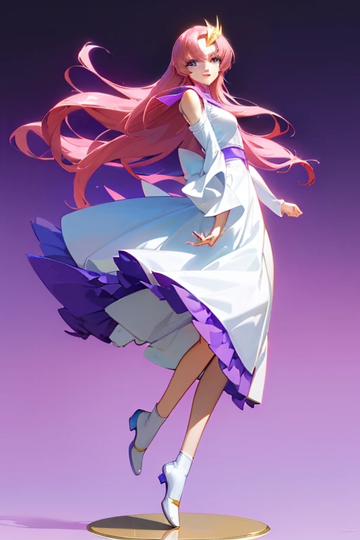 ((64k，超High resolution，超Highest quality，masterpiece，Hyperrealistic，Young and adorable, beautiful, young, adorable，16 years old〜20 year old girl，young woman，Full body photo，Full body angle，Whole Body Ezbian，Surreal，Very detailed:1.3，Ultra-realistic:3.0))，GundamSEED，Lacus Clyne，Pink Hairの毛，Blue Eyeasterpiece,Detailed eyes,Detailed skin,Detailed face,Shiny skin,Detailed Hair,White skin,Perfect lighting,Glossy Lips,8K,wallpaper,京都animeーション, animeカラーリング  ,Klein Lake,GundamSEED ウイングGundam,Pink Hair, Straight hair,blue eyes , (((hair ornaments, White sleeves,豪華なWhite Dress, 豪華なPurple Skirt, 贅沢なLong skirt))),Very long hair, Bare shoulders, Star background，1980s \(style\),masterpiece, Highest quality, High resolution, anime, Lacus 1, One girl, alone, Pink Hair, Straight hair, hair ornaments, White sleeves, blue eyes, White Dress, Purple Skirt, Long skirt, Very long hair, Bare shoulders, Large Breasts, smile, Gundam, On the floor,retro artstyle,