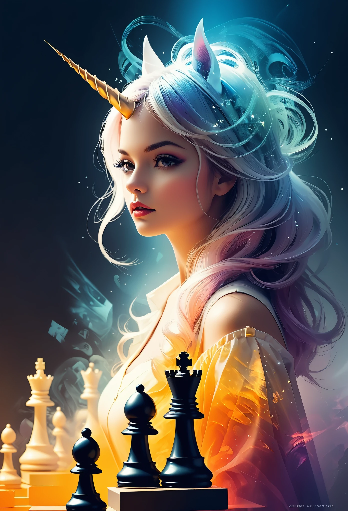 in style of Anne Bachelier,
(double exposure:1.8),1girl,独奏, queen \(chess\),,unicorn horn,metal spiral sharp corners,Diffuse gradient,Ultra-wide color gradation dispersion,