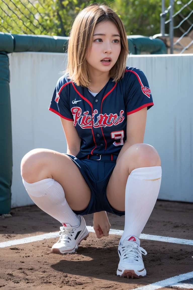 Blondeの少女, 20-year-old, Blonde, College softball player, College softball attire, I need to go to the toilet quickly, I can not stand it, ソフトボールパンツにPeeing, Visibly wet, Pee running down her legs, Peeing, There is a puddle at her feet, Blushing, There was a look of despair on her face, Pee dripping down her pants, Dirty pants