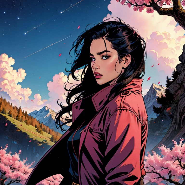 (best qualityer, work of art),(1 girl, miko, trench coat, expression face, eyes black, looking straight ahead ,Bblack hair, going, trunk), (lost night sky, huge old tree behind, falling bright pink petals behind, Sanctuary behind, mountain bottom, windy blowing, meteoric cloud)