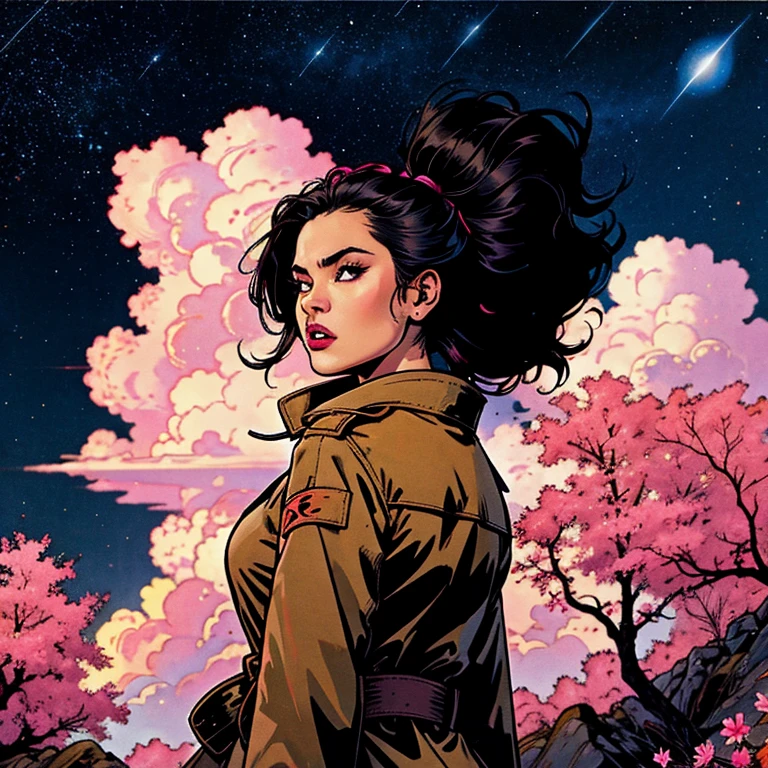 (best qualityer, work of art),(1 girl, miko, trench coat, expression face, eyes black, looking straight ahead ,Bblack hair, going, trunk), (lost night sky, huge old tree behind, falling bright pink petals behind, Sanctuary behind, mountain bottom, windy blowing, meteoric cloud)