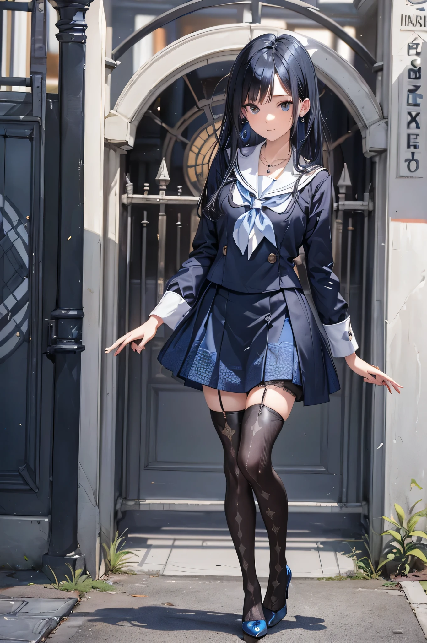((Biologically correct limb count)),(( From head to toe,Full-body photo including face)),4K,((Standing position)),masterpiece,((Focus on the face)),((Symmetrical facial features)),Eyes with detailed description,Beautiful woman,Great style,Beautiful arms,Beautiful legs,Beautiful Hands,(Small Ass,Thin thighs),Facial detailing,Small earrings,necklace,(Sailor suit,mini skirt((High heels,Patterned stockings))),((Meeting at the school gate)),Silk gloves,(((Blue black hair))),Realistic photo