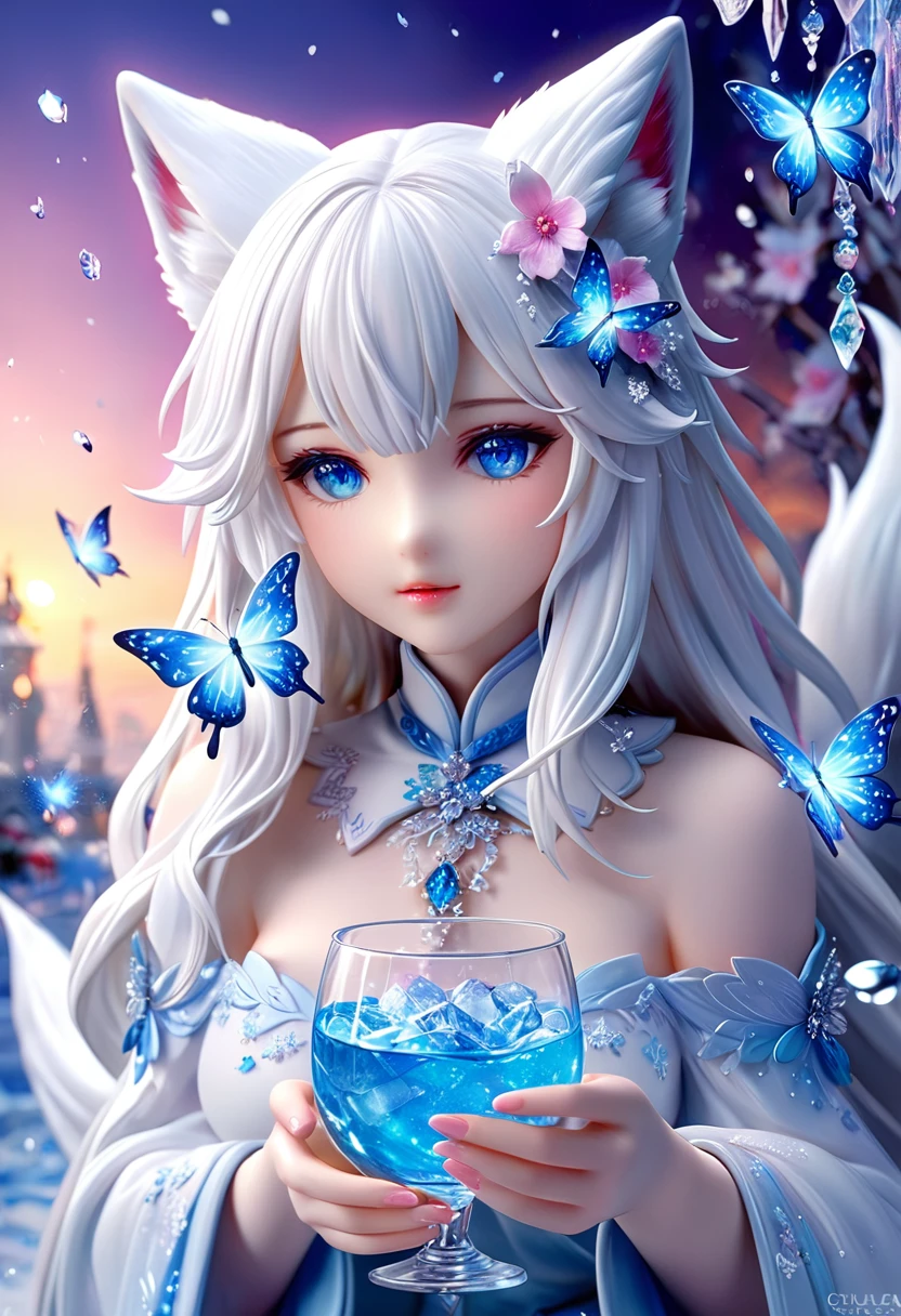 Ultra detailed, HDR, Highres, absurdres, master piece, white fox, Ninetales, expressive blue eyes, glass, ice glittering butterflies, ice, petals, pink ice glass flowers, cute, glittering, water, fantasy, magical, snowflakes, cold, small and cute,