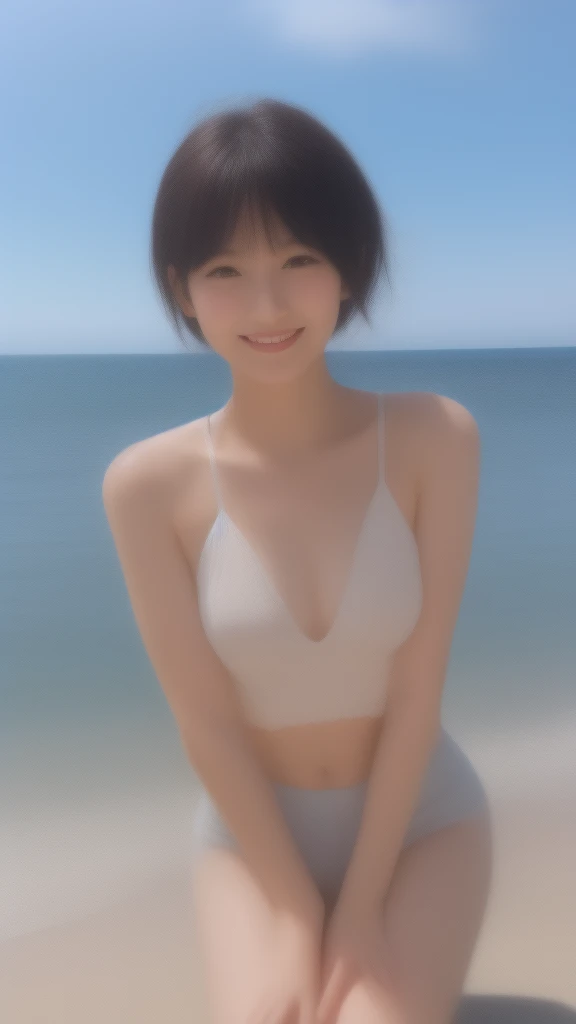 Solo, Japanese girl, yo,Best Quality, masutepiece, 8K, High resolution, Ultra-detailed, (portrait), black hair, short hair, hair clip, shiny skin, flat chest, smile, summer, blue sky, ocean,(thighs_shot)