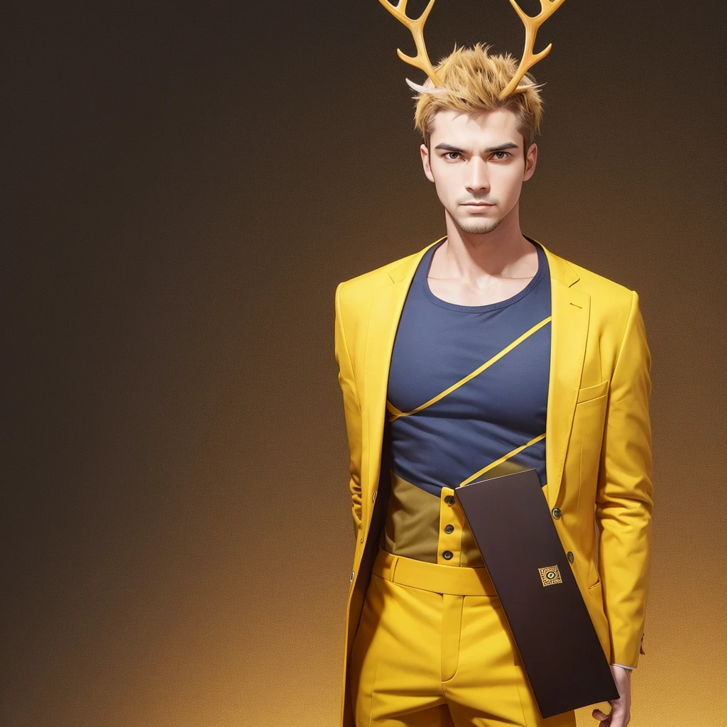 Generate an image of a male entrepreneur standing upright with a serious expression, facing directly forward in a passport-style shot. He is wearing yellow clothing and has antlers growing from his head. Ensure the background is simple to emphasize his presence.