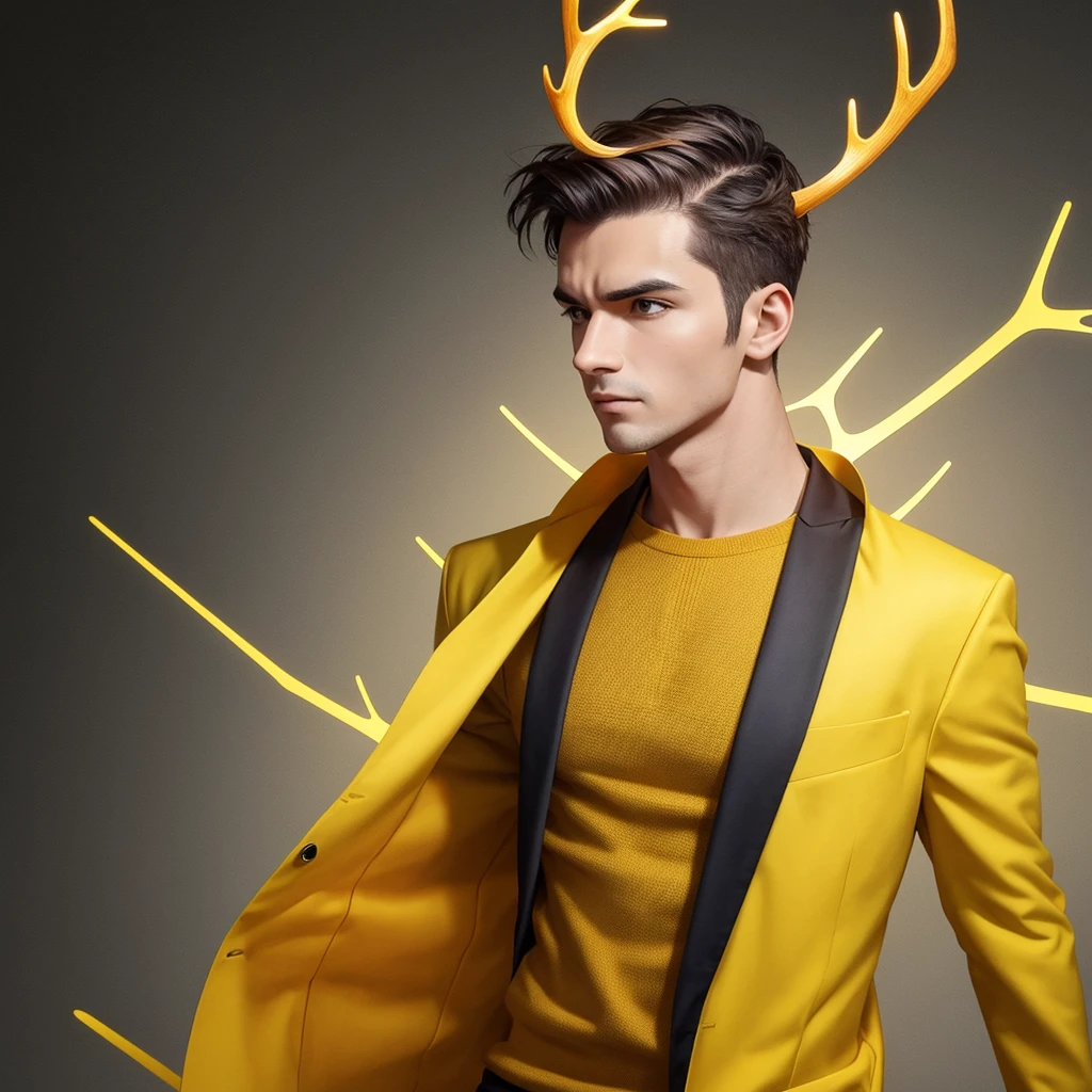 Generate an image of a male entrepreneur standing upright with a serious expression, facing directly forward in a passport-style shot. He is wearing yellow clothing and has antlers growing from his head. Ensure the background is simple to emphasize his presence.