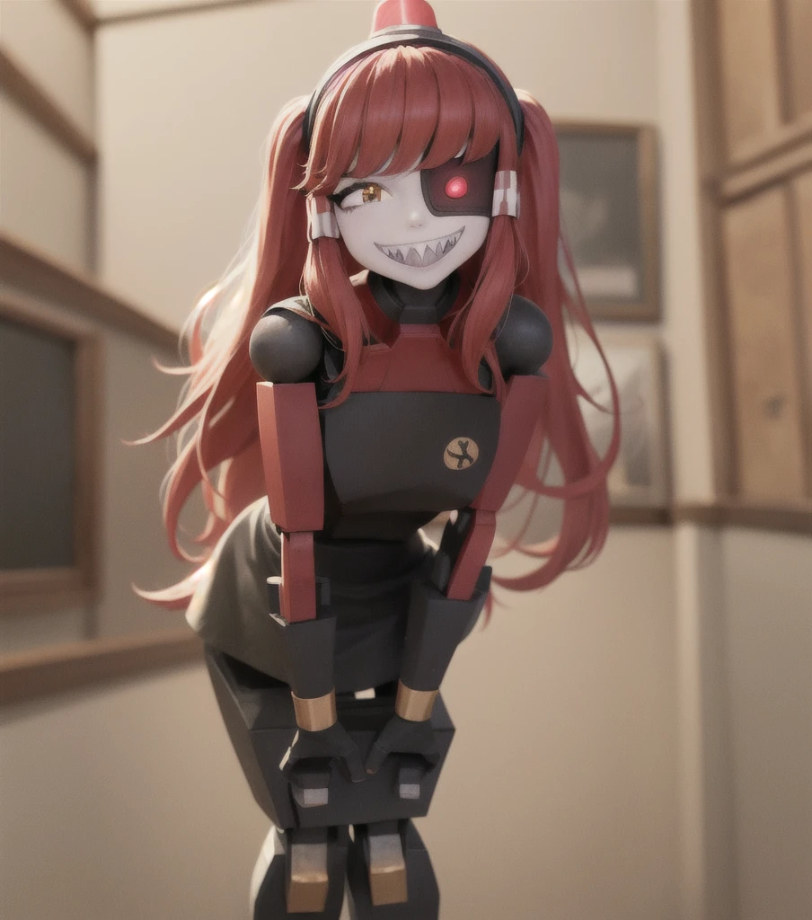 (masterpiece, best quality:1.2), solo, 1girl, mimi-sentry, robot, colored skin, white skin, sharp teeth, grin, looking at viewer, leaning forward, hands on own knees, eyepatch, black dress