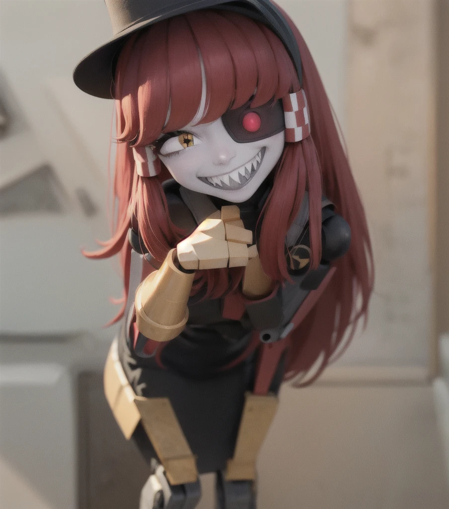 (masterpiece, best quality:1.2), solo, 1girl, mimi-sentry, robot, colored skin, white skin, sharp teeth, grin, looking at viewer, leaning forward, hands on own knees, eyepatch, black dress