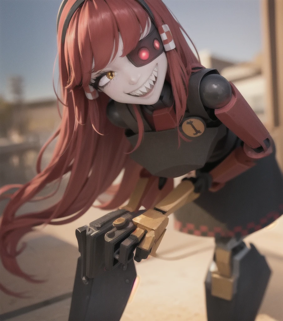 (masterpiece, best quality:1.2), solo, 1girl, mimi-sentry, robot, colored skin, white skin, sharp teeth, grin, looking at viewer, leaning forward, hands on own knees, eyepatch, black dress