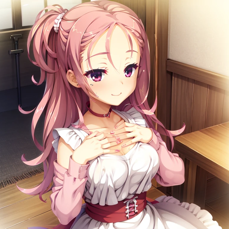 seductive, ((forehead to show)), attractive, sexy eyes, red coat, pink hair, delicate, young, long hair, detailed face, high definition, full body, maid, cute smile, cafe, hands behind back