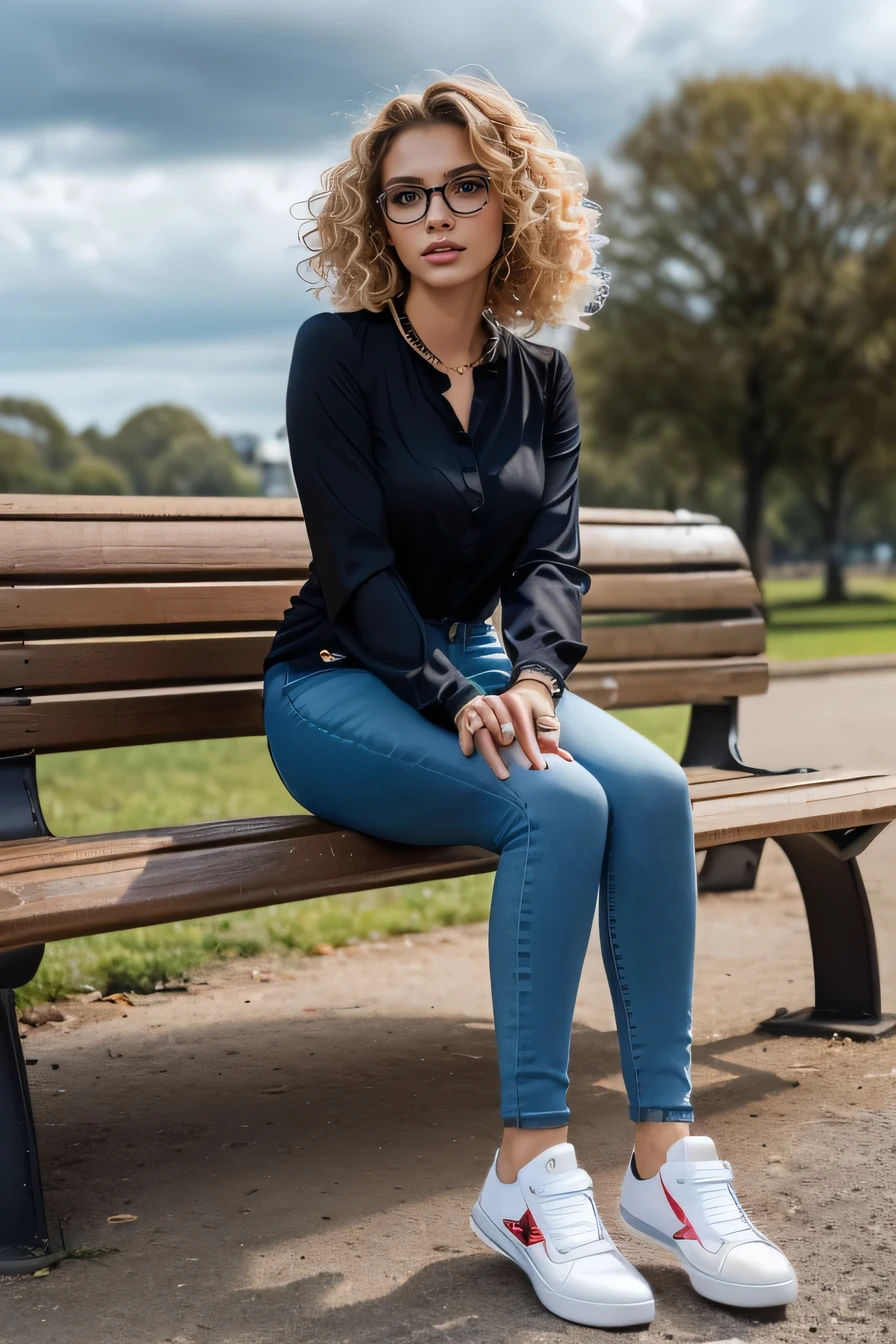 high quality,16K:1.1),((, German woman sitting on a park bench）, 、(Full Body Shot:1.2),(),blonde、Curly Hair、Glasses、、ear piercing、smile、Beautiful teeth alignment、((Long sleeve blouse、Skinny jeans、sneakers)), ,(View your audience:1.3),The background is a park with a cloudy sky
