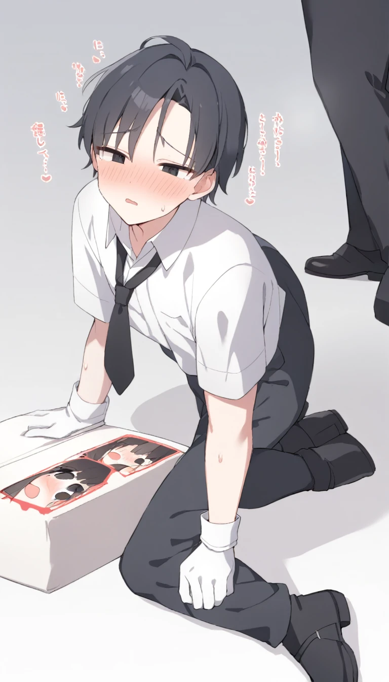 18-year-old boy,cute,Wear a white short-sleeved shirt and a black work tie,Wear black pants,Wear black booties,Wear white gloves,wear cat ear,Black hair,Black eyes,Handsome,Disdainful and cold expression,shy,blush,Sweating,pornography,Pornographic action,wheezing