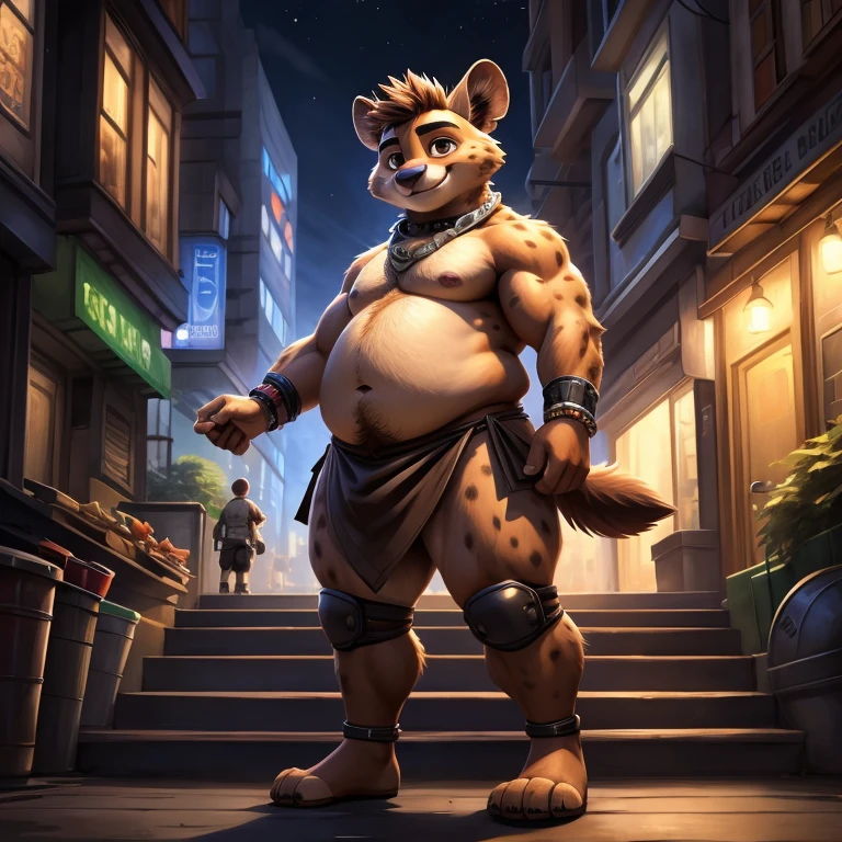 Epic Zootopia Adventures Character Zootopia Corpulent Kid, Anime style, full body image, neighborhood style, in Zootopia Steps Weight gain progress, full body pic (obese, strong legs and arms), zootopia citizen kid, He is a obese Glotton, He is using protein to grow and fatten, Zootopia city, detailed face, detailed eyes, high resolution, detailed hands, detailed body No lighting deep shadows, masterpiece, high quality, Empty, Solitary, ager hairy, hairy, teen, hyena, Only has spiky brown hair on head, collar, Brown eyes, goggles, Black loincloth, green scarf, Elbow pads, Knee pads, masterpiece, No muscles, Detailed hands, Delicate face, delicate eyes, Detailed body, Flat body, Skinny, paw, high resolution, Metal bracelet on wrist, metal handcuffs on ankles, No shirt, No underwear, Crowded city, night, Lean forward, Kenkert's art