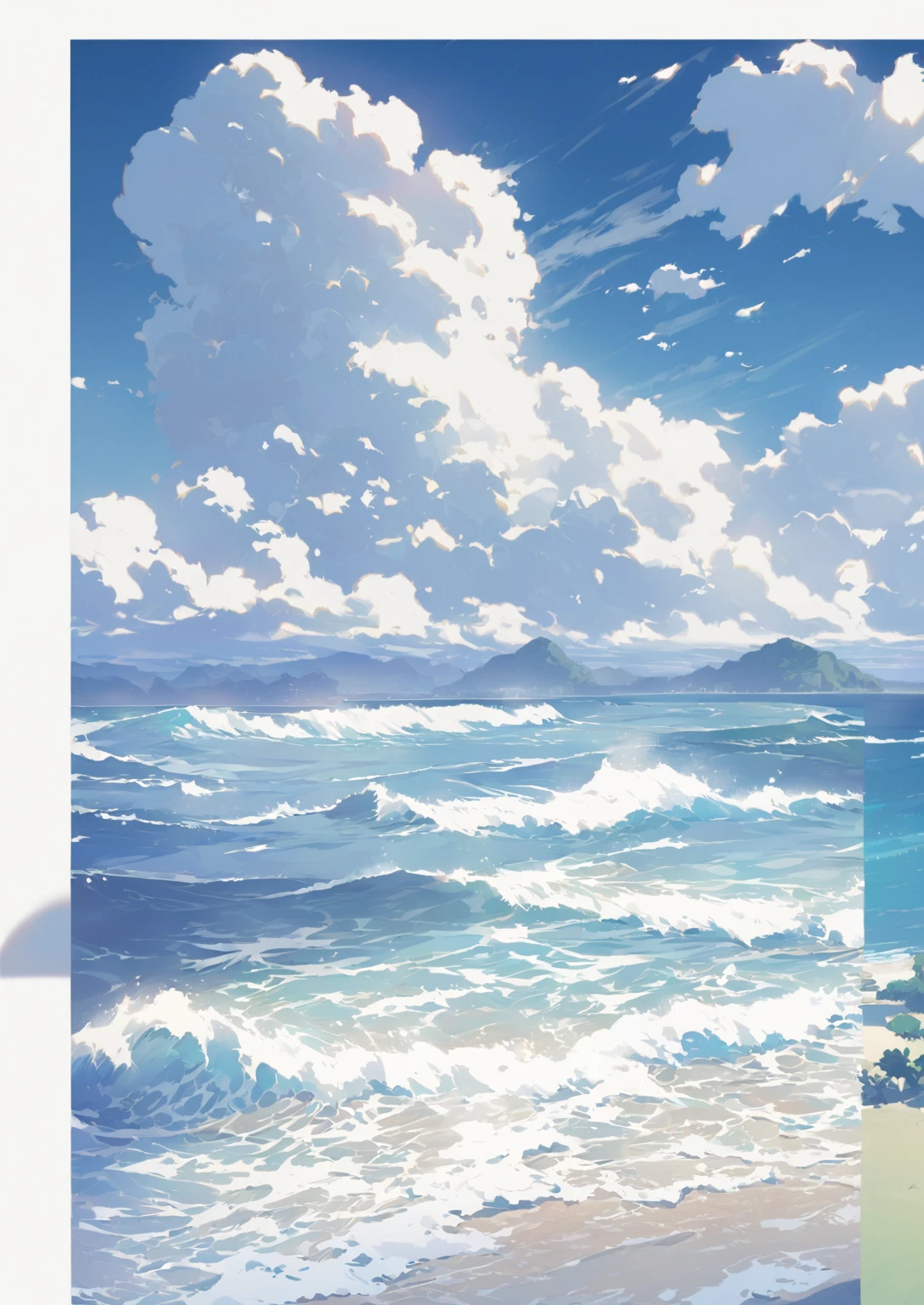 An anime-style beach painting,Cloudy sky,Rough seas, Blue Sea. by Shinkai Makoto, style of Shinkai Makoto, Detailed scenery —width 672, studio glibly Shinkai Makoto, Shinkai Makoto. High Detail, Shinkai Makoto. — 2160 hours, in style of Shinkai Makoto
