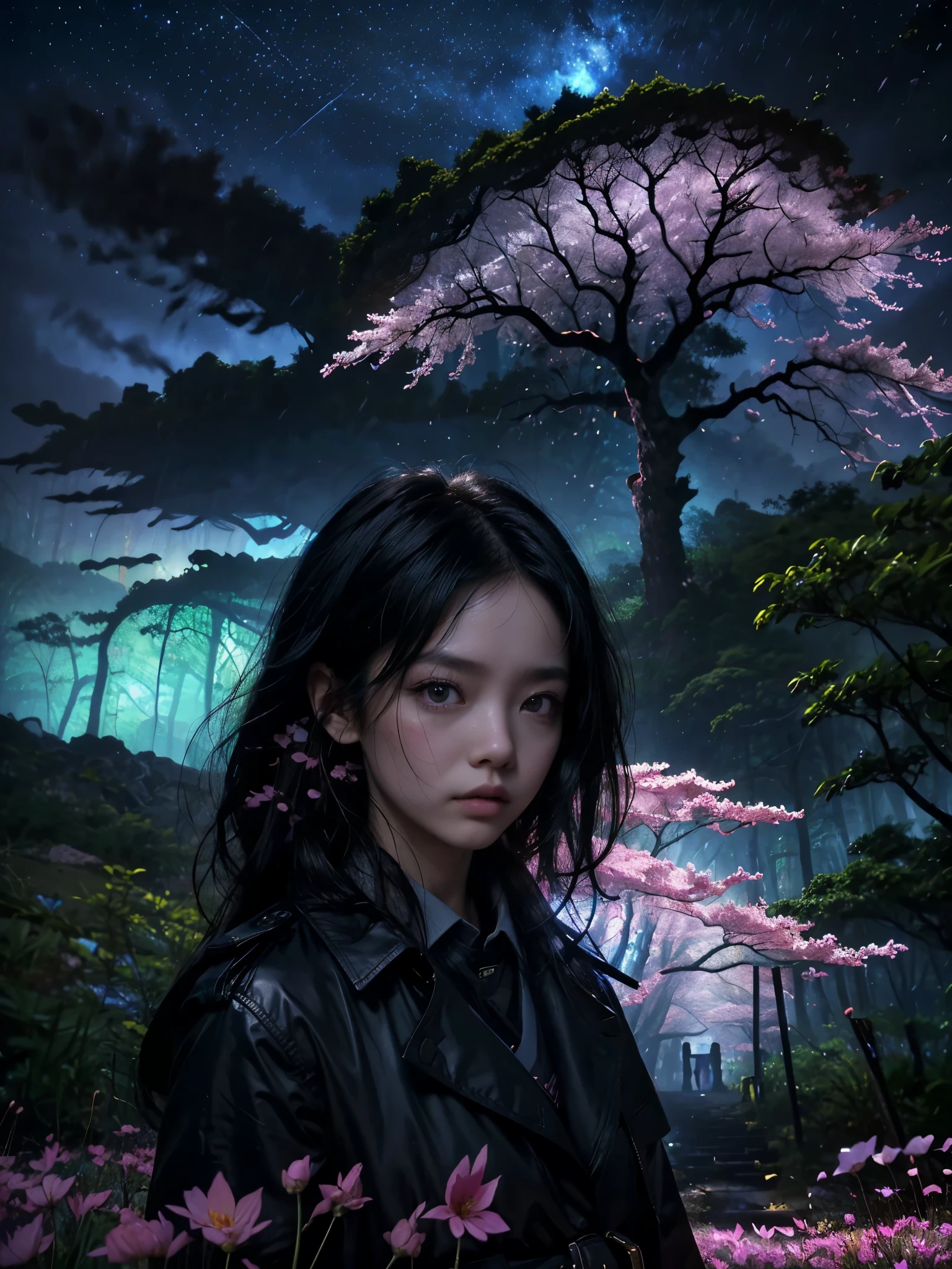 (best qualityer, work of art),(1 girl, miko, trench coat, expression face, eyes black, looking straight ahead ,Bblack hair, going, trunk), (lost night sky, huge old tree behind, falling bright pink petals behind, Sanctuary behind, mountain bottom, windy blowing, meteoric cloud)