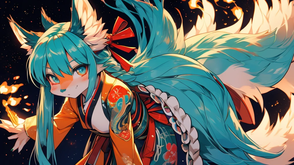 Miku Hatsune 18 year old girl, add high definition_detail:1, blue fur,kitsune ears, japanese tattoo art add_detail:1, arms in the air, japanese samuray costume add_detail:1, glowing body