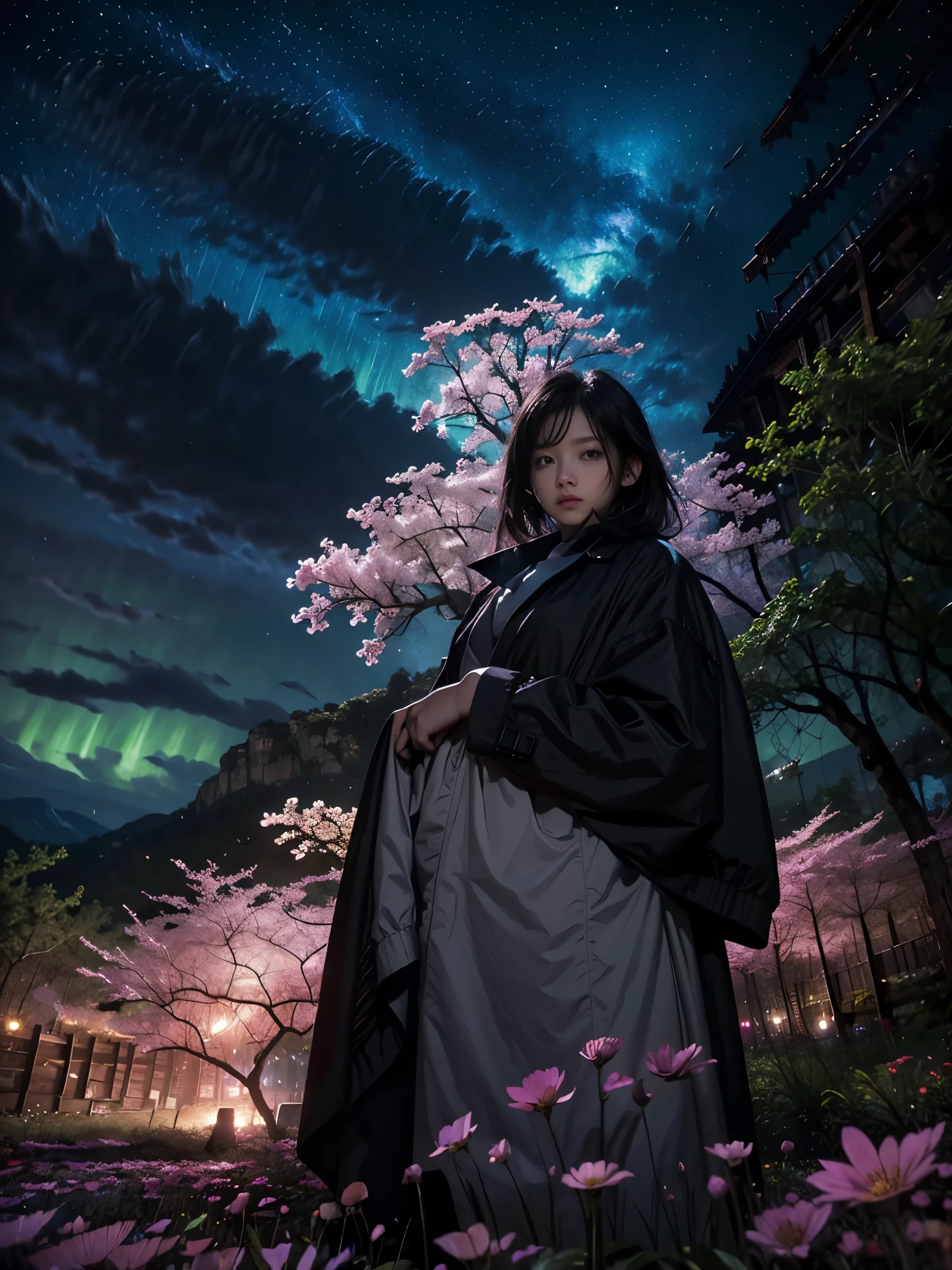 (best qualityer, work of art),(1 girl, miko, trench coat, expression face, eyes black, looking straight ahead ,Bblack hair, going, trunk), (lost night sky, huge old tree behind, falling bright pink petals behind, Sanctuary behind, mountain bottom, windy blowing, meteoric cloud)