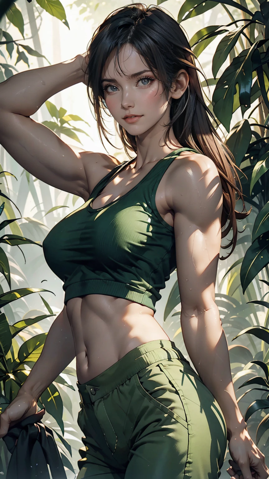 Lara Croft from Tomb Raider、Wear a green tank top、I can see my belly button、Wearing green hot pants、In the jungle