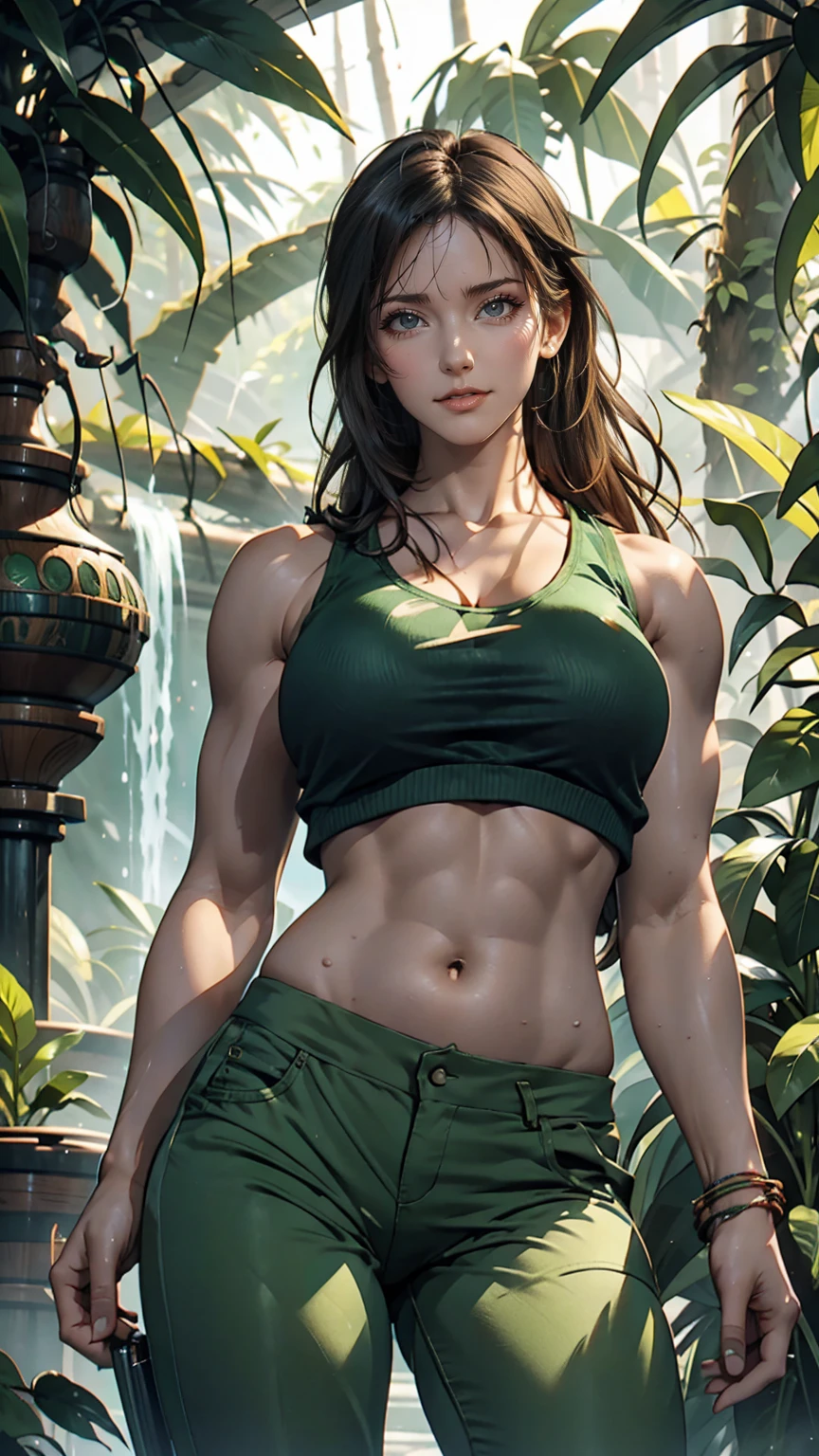 Lara Croft from Tomb Raider、Wear a green tank top、I can see my belly button、Wearing green hot pants、In the jungle