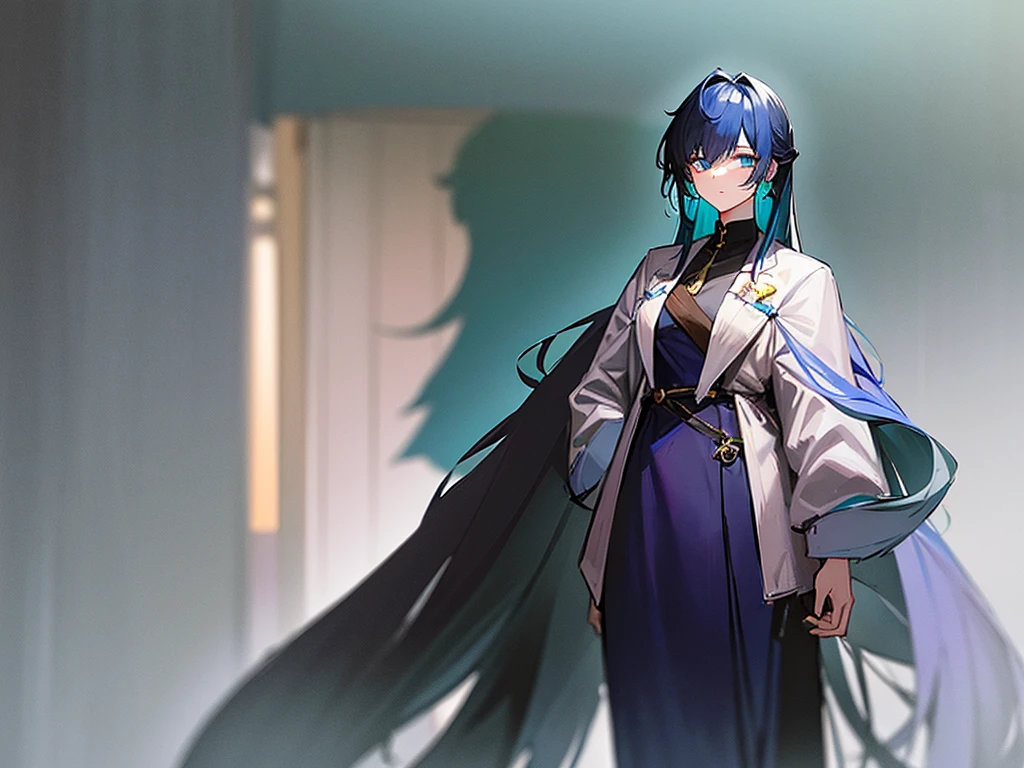 The hair on the top of the head is dark blue.、The tip of the hair is a dark green gradient。girl、17 years old、Anime Style、Bust 86cm、Height: 172cm、Weight 51kg、clear、Wizard、Full body painting