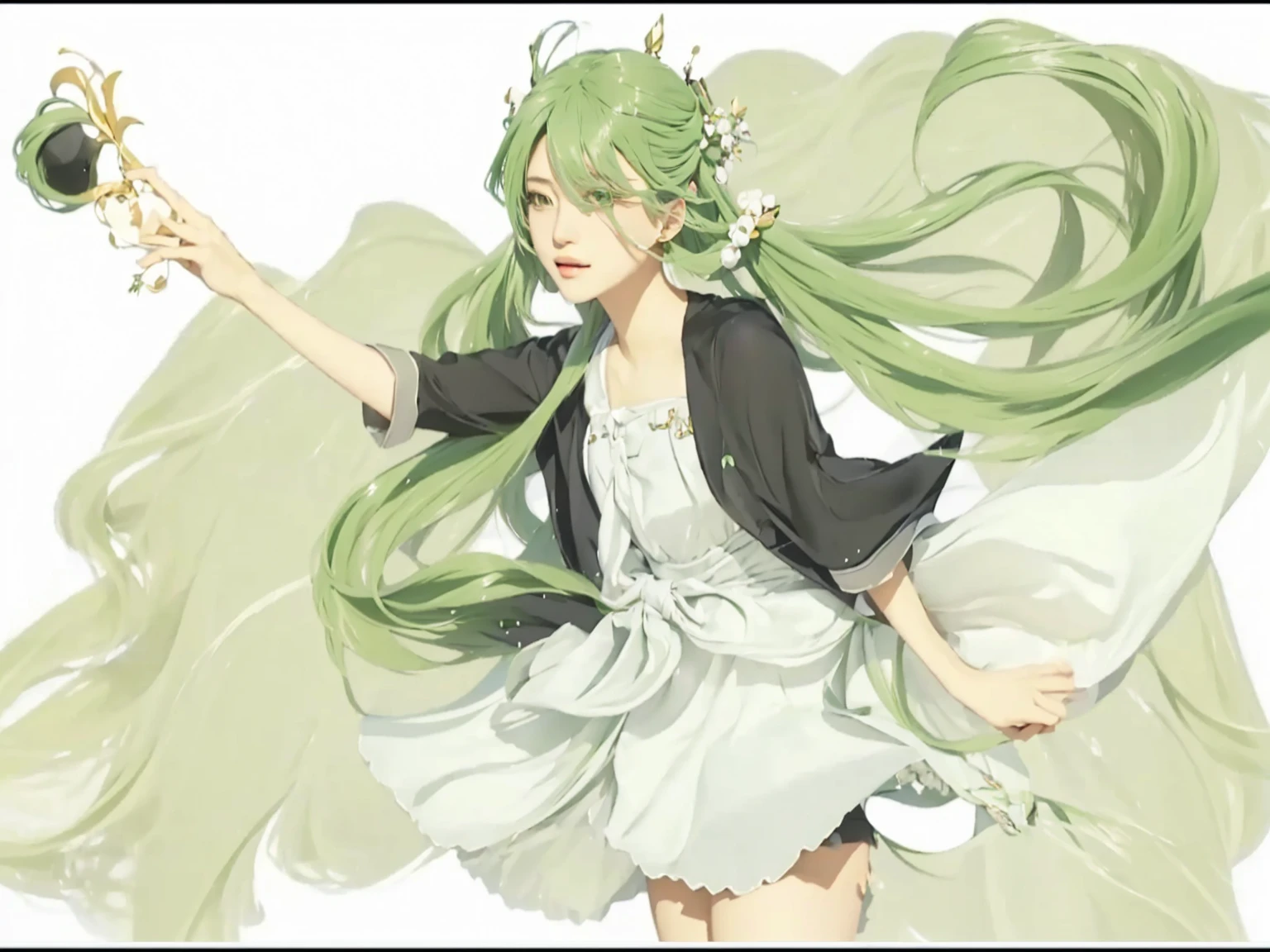 ((Masterpiece)), (best quality), (very detailed), ((very detailed)), 4k, (8k),1 girl,Hatsune Miku,  girl with long green hair holding a small black crown, green flowing hair, vocaloid, realistic style, pixiv,  in dress, realistic image, shirabii, anime girl with long hair, , arte koto no ha no niwa, miku, cushart, hatsune miku ,realistic dress, realistic skin, realistic hair