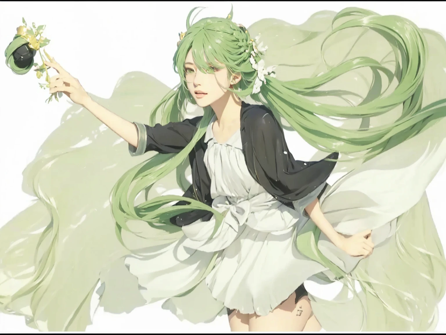 ((Masterpiece)), (best quality), (very detailed), ((very detailed)), 4k, (8k),1 girl,Hatsune Miku, girl with long green hair holding a small black crown, green flowing hair, vocaloid, realistic style, pixiv, in dress, realistic image, shirabii, anime girl with long hair, , arte koto no ha no niwa, miku, cushart, hatsune miku ,realistic dress, realistic skin, realistic hair
