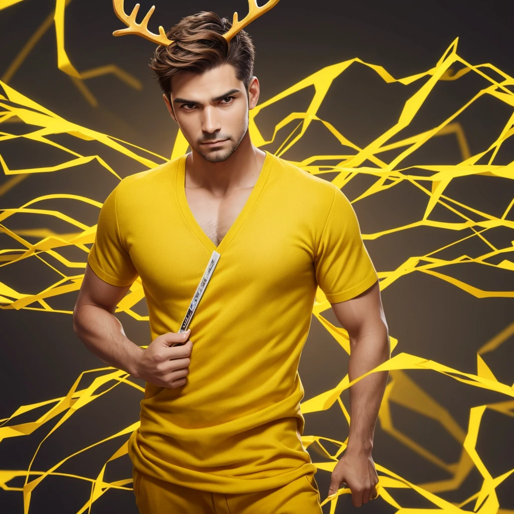 Generate an image of a male entrepreneur standing upright with a serious expression, facing directly forward in a passport-style shot. He is wearing yellow clothing and has antlers growing from his head. Ensure the background is simple to emphasize his presence.
