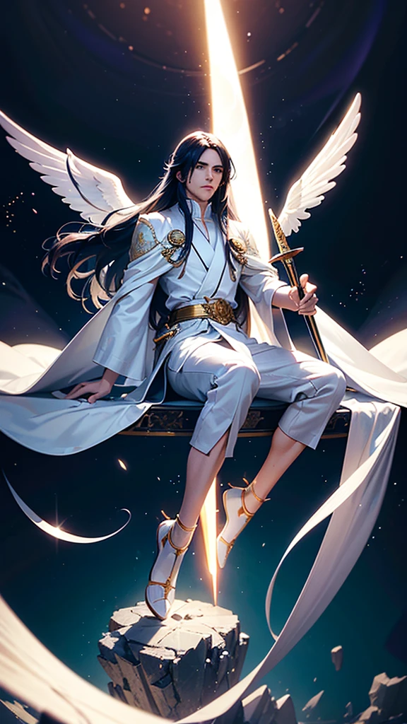 a handsome male angel with long hair,sitting on a cloud in a white robe,eclipse in the background,wielding a sword cutting through space and time,highly detailed,cinematic lighting,dramatic atmosphere,vibrant colors,photorealistic,digital art,octane render,8k,award winning,masterpiece