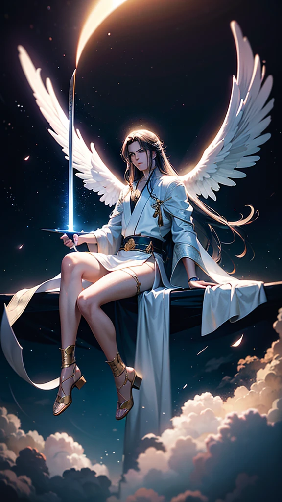 a handsome male angel with long hair,sitting on a cloud in a white robe,eclipse in the background,wielding a sword cutting through space and time,highly detailed,cinematic lighting,dramatic atmosphere,vibrant colors,photorealistic,digital art,octane render,8k,award winning,masterpiece