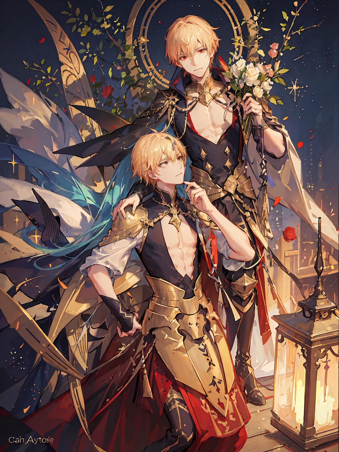 (absurdres, highres, ultra detailed, HDR) master piece, best quality, extremely detailed face, (Caster) Gilgamesh, blonde hair, expressive red eyes, Fate Grand Order, Enkidu, green hair, expressive blue eyes, two sexy men together, yaoi, gay couple, handsome, magical fantasy, glittering, sparkling, blue roses, radiant, blue sparkling fireflies, blue fire, envy magical, city, snowflakes, ice