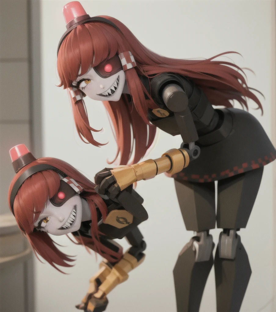 (masterpiece, best quality:1.2), solo, 1girl, mimi-sentry, robot, colored skin, white skin, sharp teeth, grin, looking at viewer, leaning forward, hands on own knees, eyepatch, black dress