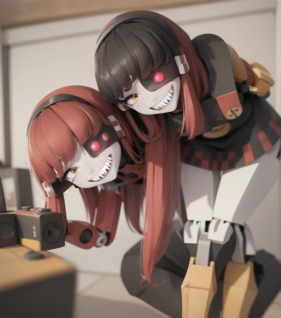(masterpiece, best quality:1.2), solo, 1girl, mimi-sentry, robot, colored skin, white skin, sharp teeth, grin, looking at viewer, leaning forward, hands on own knees, eyepatch, black dress