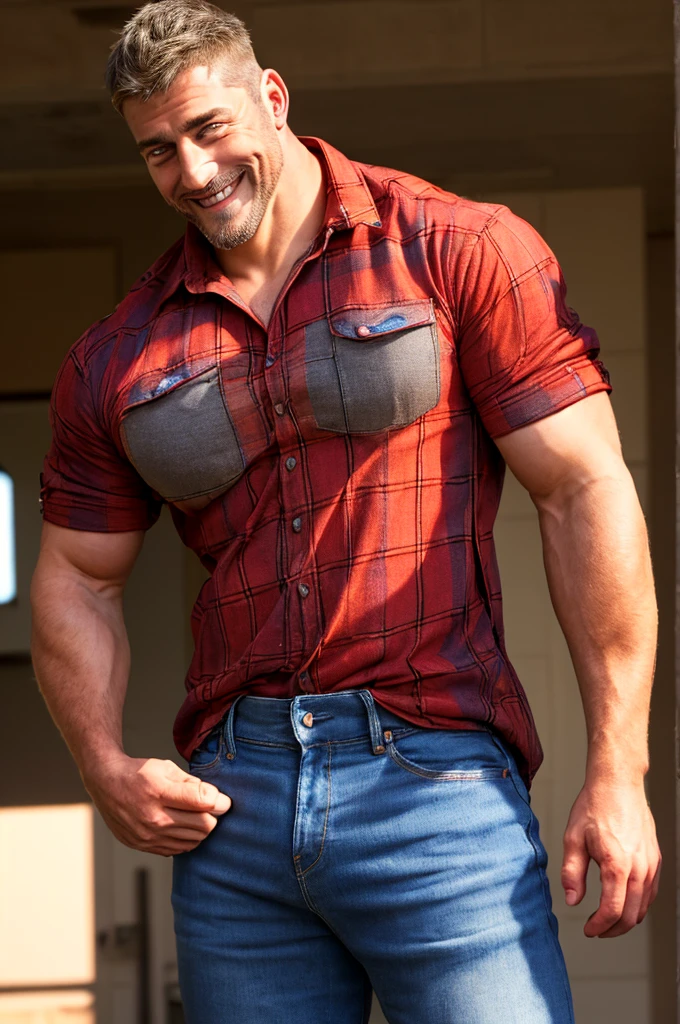 wild muscle man, (40 year old daddy:1.1), 1 chico, Alone, (wearing a red plaid shirt outside), (gray t-shirt inside), (big shoulders), musculature, stubble, short beard, pretty eyes:1.3, ), (detailed face:1.3), smiles, Dynamic Angle, volumetric lighting, (Best Quality, A high resolution, photorealistic), cinematic lighting, Masterpiece, raw photo, intricate details, HDR, whole body, Big muscular body, Big Bubble butt, jeans   frontal view