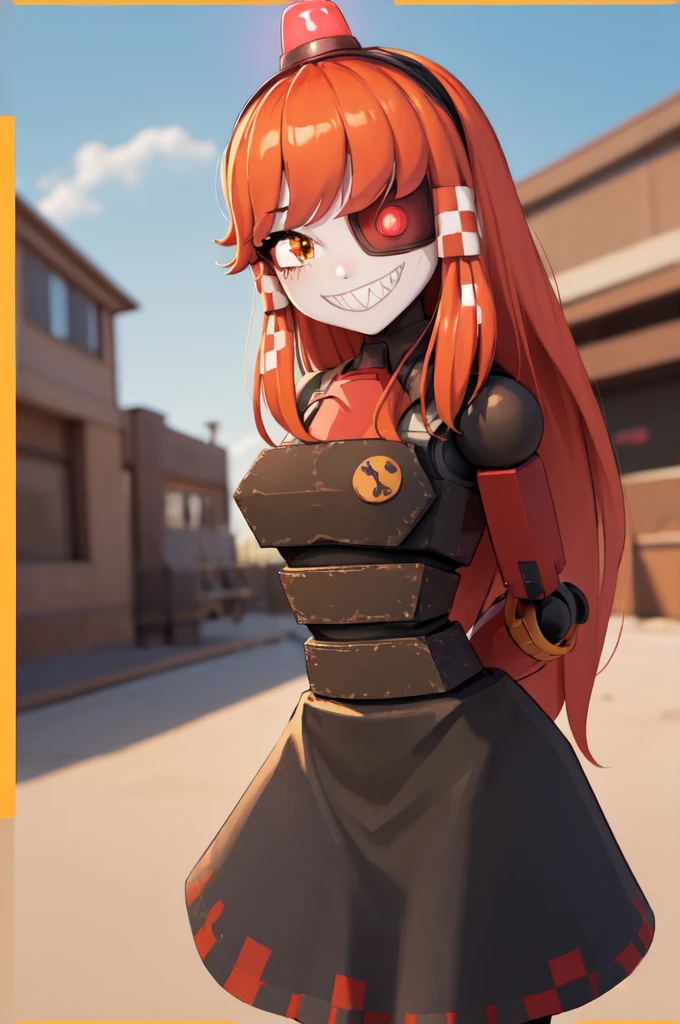 (masterpiece, best quality:1.2), cowboy shot, solo, 1girl, mimi-sentry, robot, sharp teeth, grin, looking at viewer, arms behind back, eyepatch, black dress