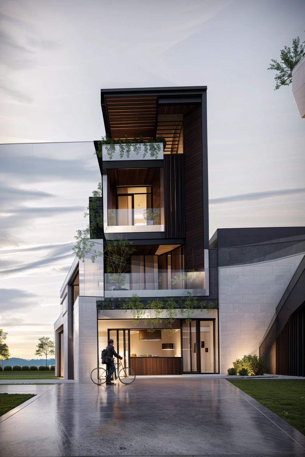 villa modern,night, Realistic, exterior, sunlight, house, RAW photo, 8k uhd, dslr, (high detailed skin:1.3), soft lighting, ultra quality, film grain, Fujifilm XT3, sharp image, best quality, authentic, hight quality,