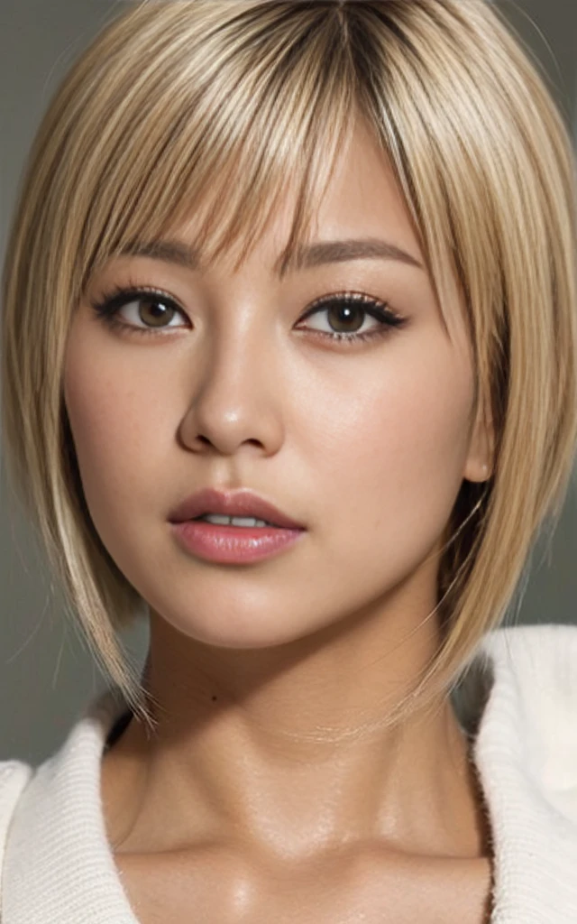 gyaru, dark-skinned, blond hair, short cut hair, face close up
